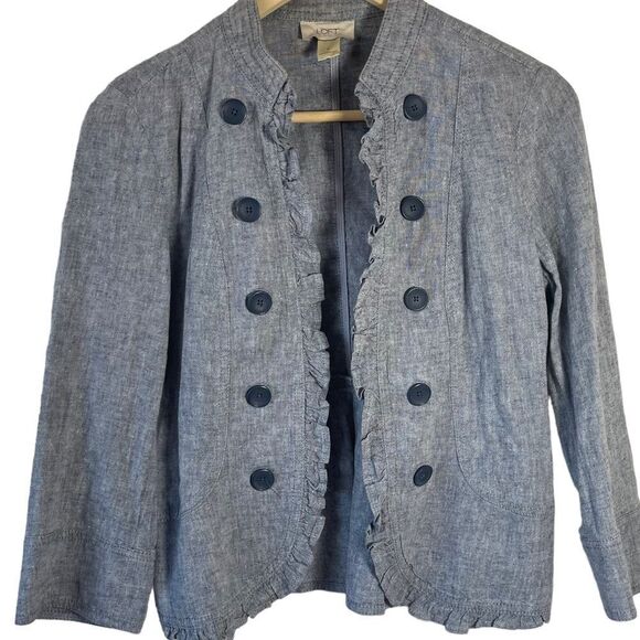 LOFT Outlet Blue Chambray Cotton/Linen Blend Open Jacket Ruffle Trim Sz S - Picture 1 of 7